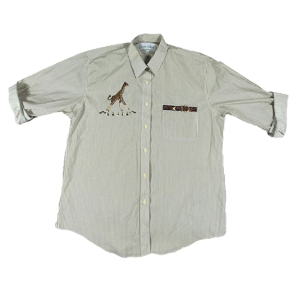 Las Olas Button-Up Shirt Top Womens L Tan Brown Striped Embroidered Giraffe